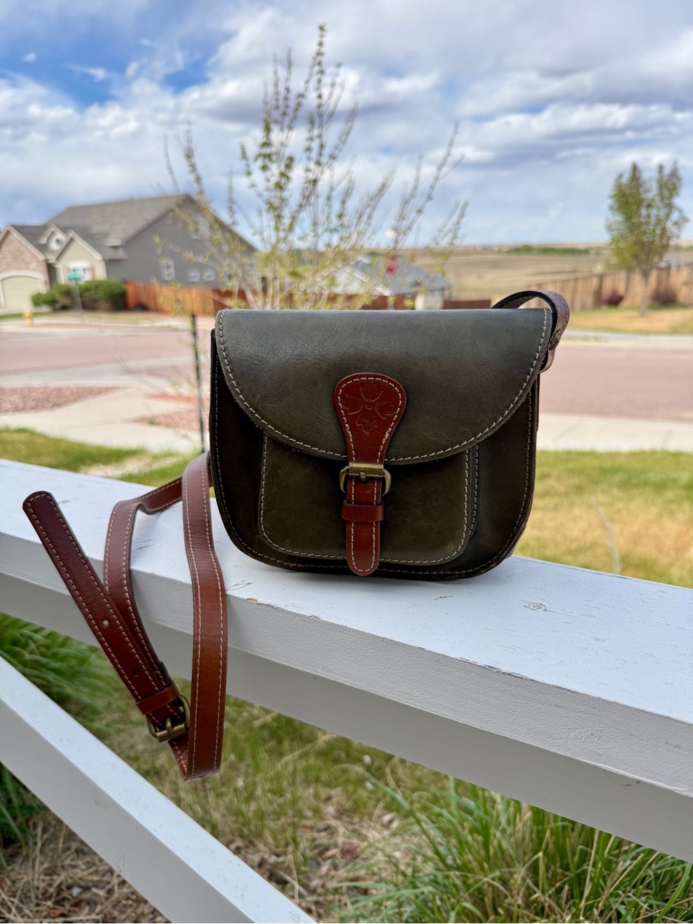 Patricia Nash Olive Green Leather Crossbody with Brown Trim